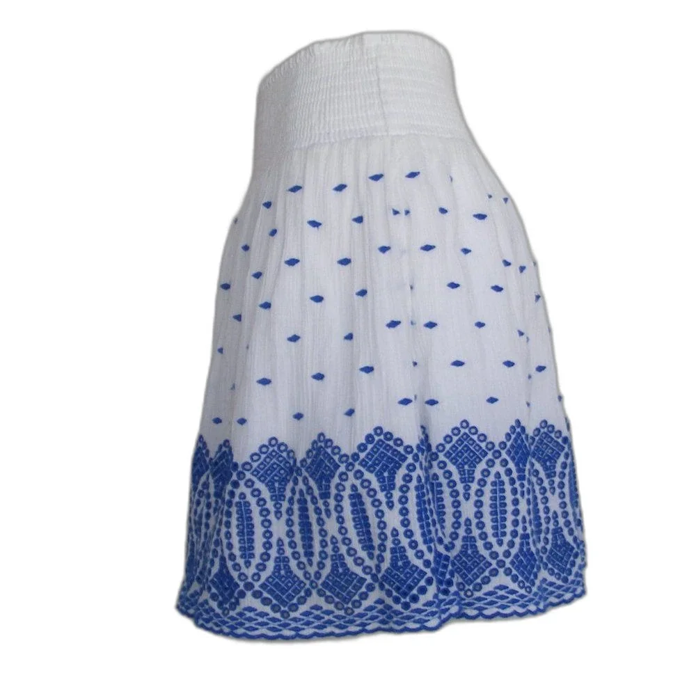 J.CREW Skirt, XS, Smock waist, White/Blue Gauze, Above the knee, Eyelet hem
